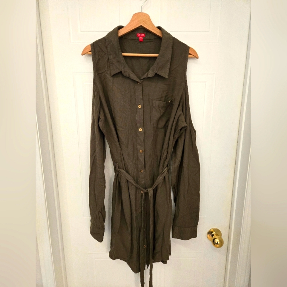XL GUESS Olive Green Women's Open Shoulder Button Down Belted Dress